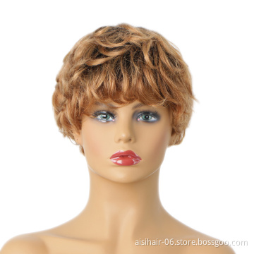 Aisi Hair Glueless Natural Kosher Wigs Brazilian In Dubai 150% Density Ombre Brown Pixie Cut Curly Wave Wig Human Hair